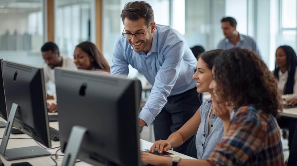 an i.t. technician helping staff with their computer malfuction